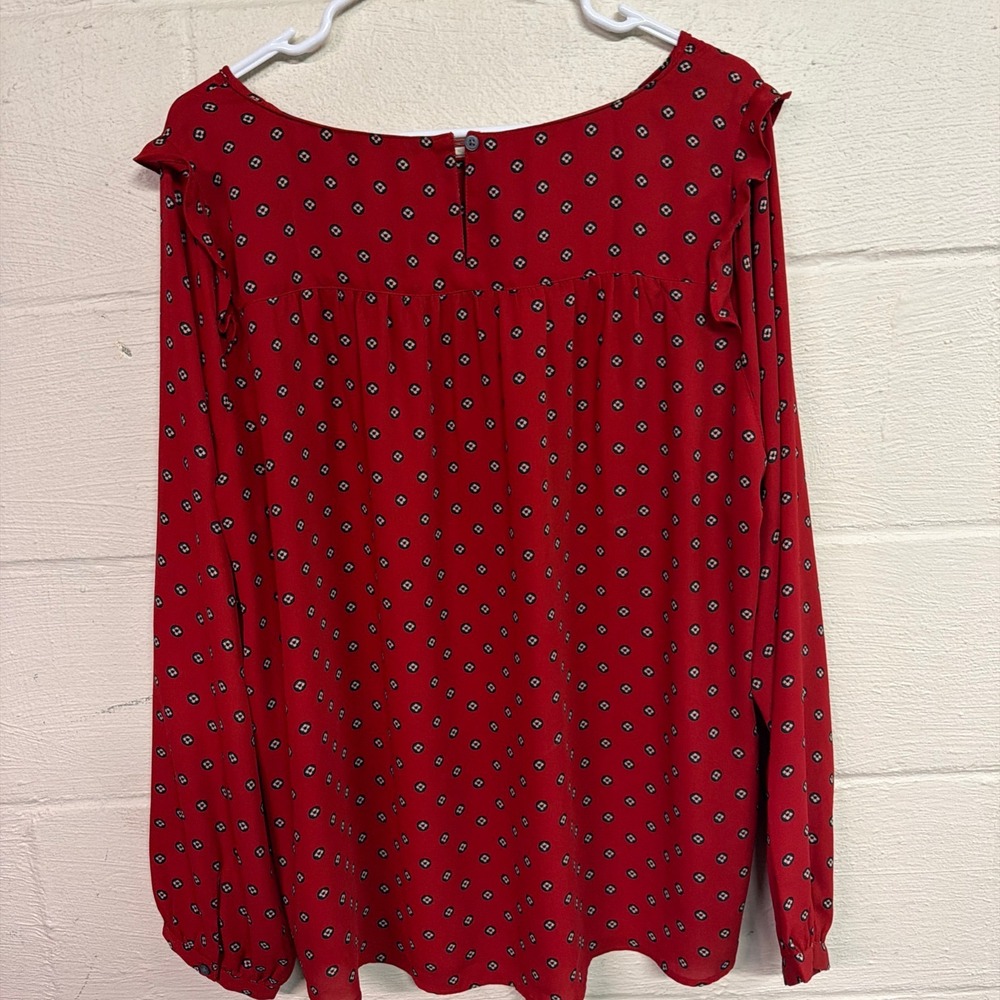 Loft Outlet Womens Red Geometric Diamond Print Ruffle Shoulder Blouse XL - Picture 2 of 8